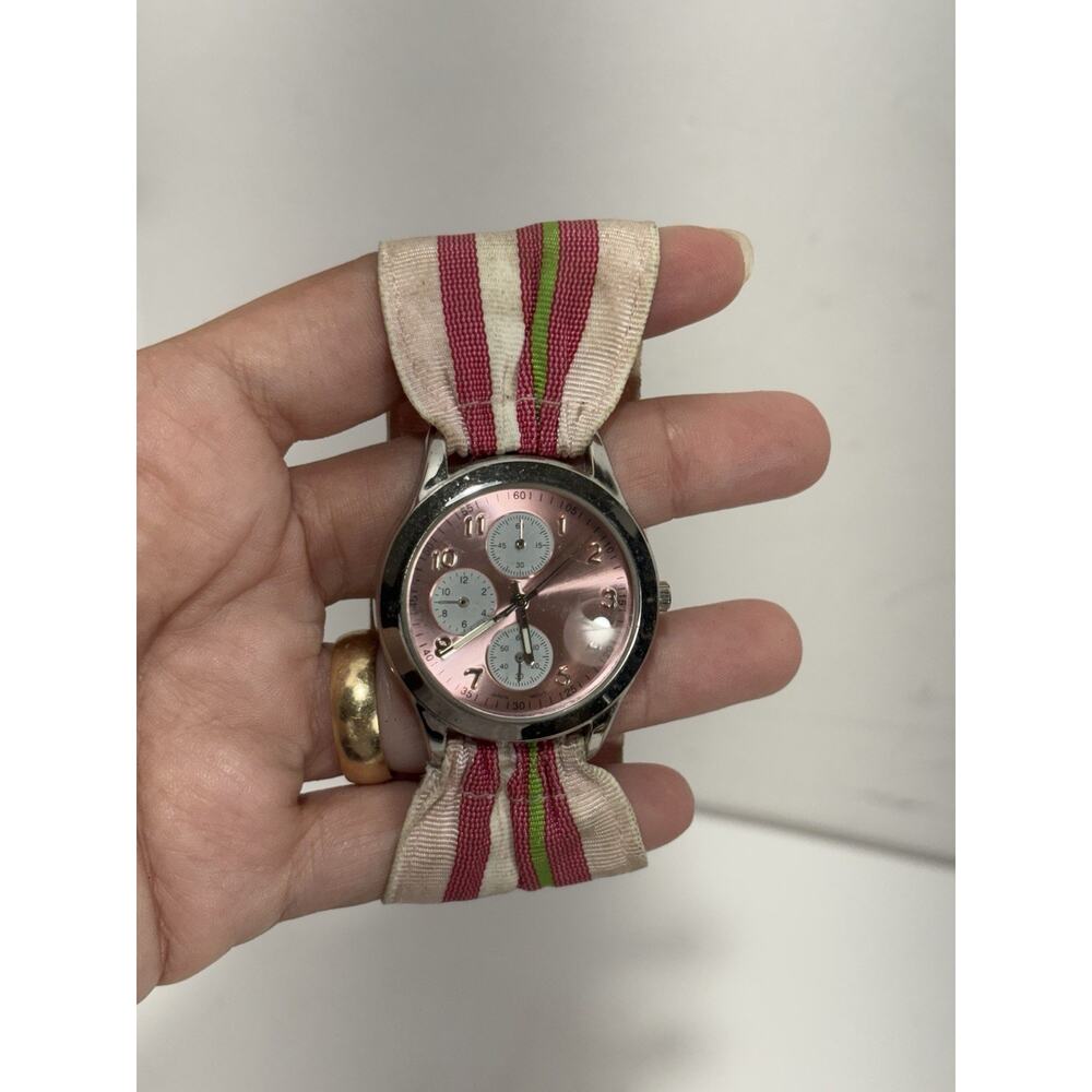 Rachel Weissman Quartz Watch With Faux Sub Dials Pink Nylon Band Needs‎ Battery